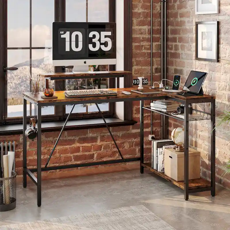 Black Carbon Fiber / Rustic Brown Reversible L-Shaped LED Desk with Power Outlets & Monitor Stand, 1–2 Person