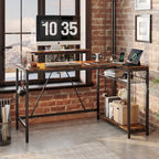 Black Carbon Fiber / Rustic Brown Reversible L-Shaped LED Desk with Power Outlets & Monitor Stand, 1–2 Person