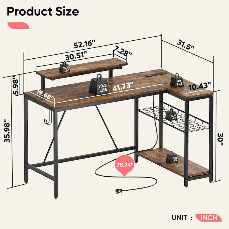 Black Carbon Fiber / Rustic Brown Reversible L-Shaped LED Desk with Power Outlets & Monitor Stand, 1–2 Person