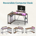 Black Carbon Fiber / Rustic Brown Reversible L-Shaped LED Desk with Power Outlets & Monitor Stand, 1–2 Person
