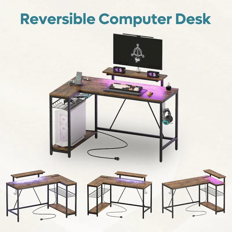 Black Carbon Fiber / Rustic Brown Reversible L-Shaped LED Desk with Power Outlets & Monitor Stand, 1–2 Person