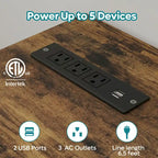 Black Carbon Fiber / Rustic Brown Reversible L-Shaped LED Desk with Power Outlets & Monitor Stand, 1–2 Person
