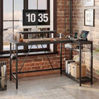 Black Carbon Fiber / Rustic Brown Reversible L-Shaped LED Desk with Power Outlets & Monitor Stand, 1–2 Person