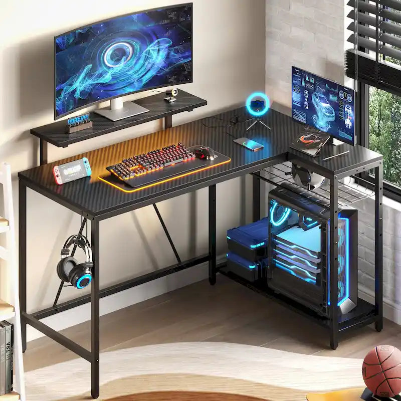 Black Carbon Fiber / Rustic Brown Reversible L-Shaped LED Desk with Power Outlets & Monitor Stand, 1–2 Person