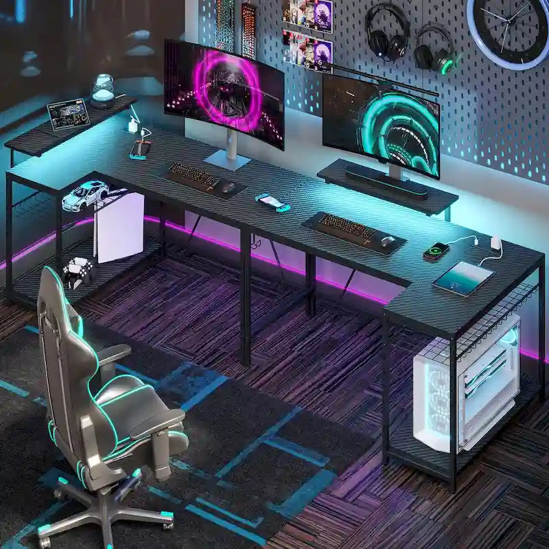 Black Carbon Fiber / Rustic Brown Reversible L-Shaped LED Desk with Power Outlets & Monitor Stand, 1–2 Person
