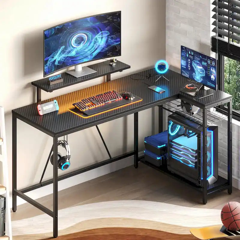 Black Carbon Fiber / Rustic Brown Reversible L-Shaped LED Desk with Power Outlets & Monitor Stand, 1–2 Person