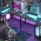 Black Carbon Fiber / Rustic Brown Reversible L-Shaped LED Desk with Power Outlets & Monitor Stand, 1–2 Person