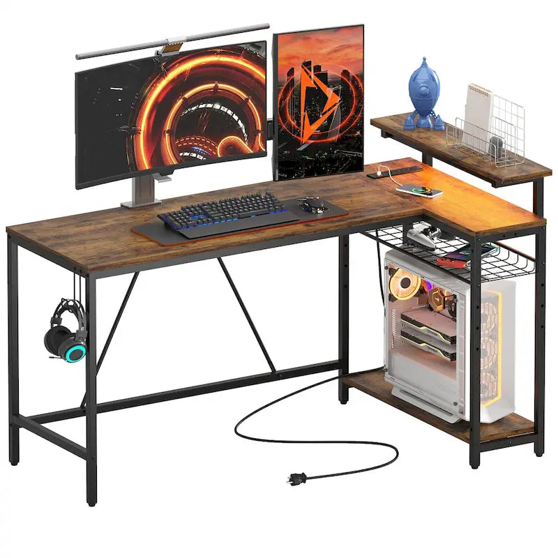Black Carbon Fiber / Rustic Brown Reversible L-Shaped LED Desk with Power Outlets & Monitor Stand, 1–2 Person