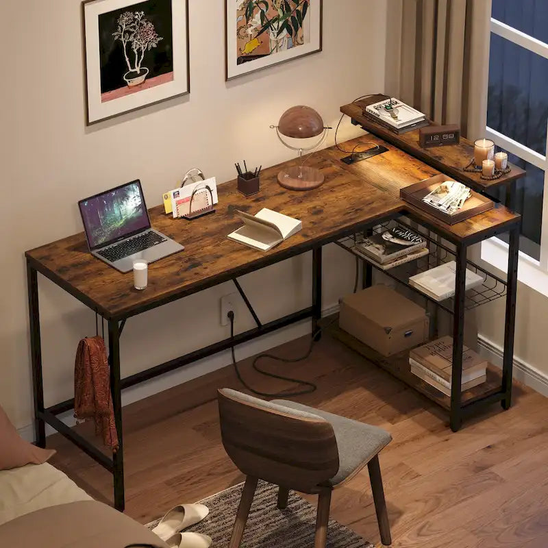 Black Carbon Fiber / Rustic Brown Reversible L-Shaped LED Desk with Power Outlets & Monitor Stand, 1–2 Person
