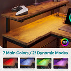 Black Carbon Fiber / Rustic Brown Reversible L-Shaped LED Desk with Power Outlets & Monitor Stand, 1–2 Person