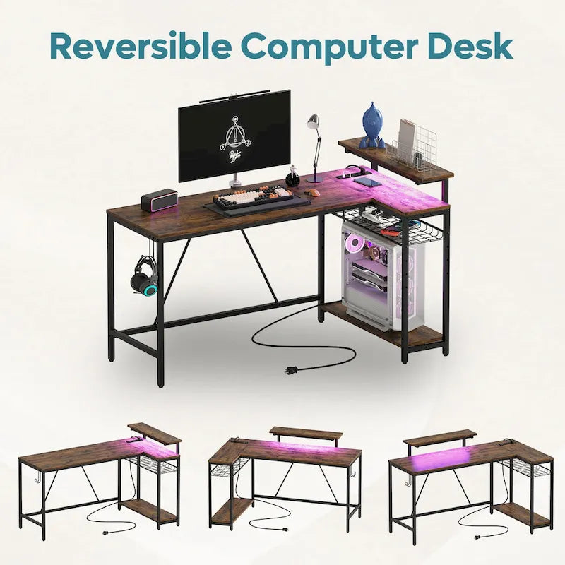 Black Carbon Fiber / Rustic Brown Reversible L-Shaped LED Desk with Power Outlets & Monitor Stand, 1–2 Person