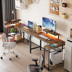 Black Carbon Fiber / Rustic Brown Reversible L-Shaped LED Desk with Power Outlets & Monitor Stand, 1–2 Person
