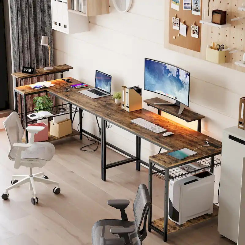 Black Carbon Fiber / Rustic Brown Reversible L-Shaped LED Desk with Power Outlets & Monitor Stand, 1–2 Person