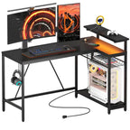 Black Carbon Fiber / Rustic Brown Reversible L-Shaped LED Desk with Power Outlets & Monitor Stand, 1–2 Person