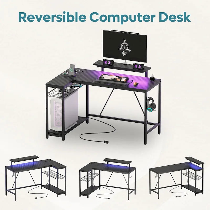 Black Carbon Fiber / Rustic Brown Reversible L-Shaped LED Desk with Power Outlets & Monitor Stand, 1–2 Person