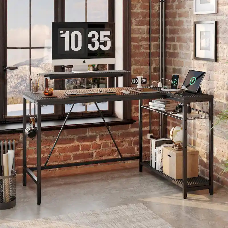 Black Carbon Fiber / Rustic Brown Reversible L-Shaped LED Desk with Power Outlets & Monitor Stand, 1–2 Person