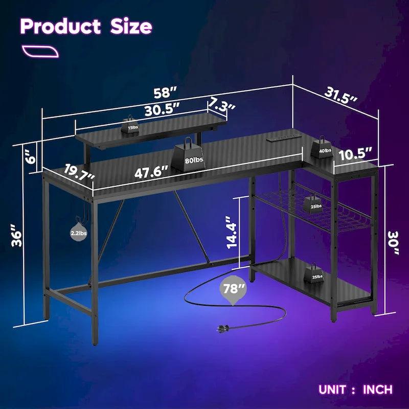 Black Carbon Fiber / Rustic Brown Reversible L-Shaped LED Desk with Power Outlets & Monitor Stand, 1–2 Person