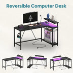 Black Carbon Fiber / Rustic Brown Reversible L-Shaped LED Desk with Power Outlets & Monitor Stand, 1–2 Person
