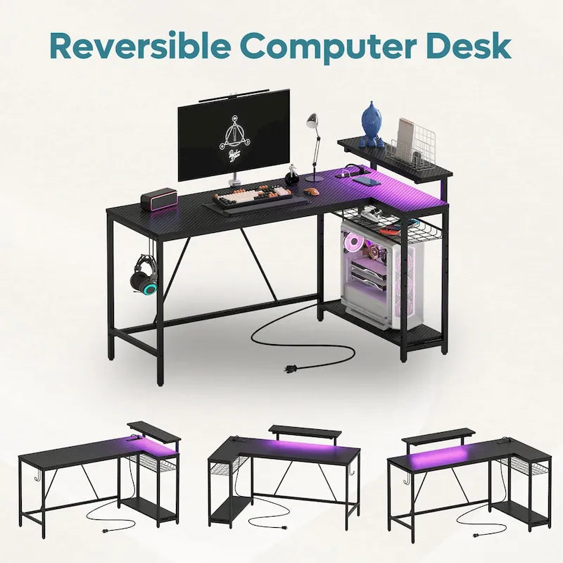 Black Carbon Fiber / Rustic Brown Reversible L-Shaped LED Desk with Power Outlets & Monitor Stand, 1–2 Person