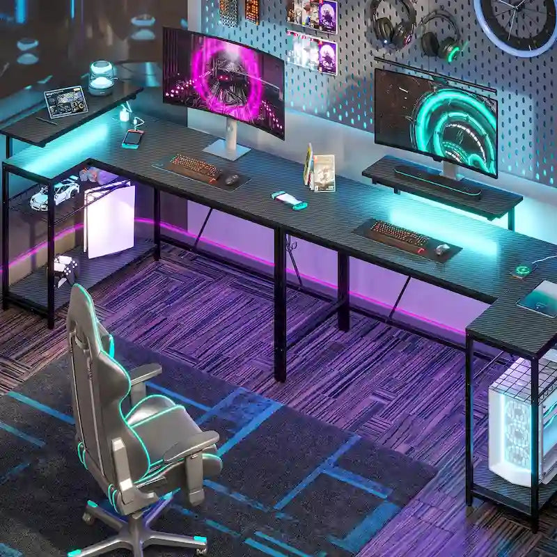 Black Carbon Fiber / Rustic Brown Reversible L-Shaped LED Desk with Power Outlets & Monitor Stand, 1–2 Person