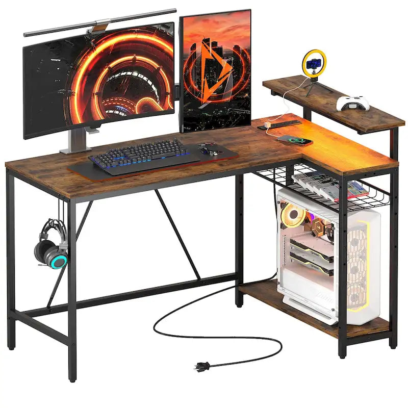 Black Carbon Fiber / Rustic Brown Reversible L-Shaped LED Desk with Power Outlets & Monitor Stand, 1–2 Person