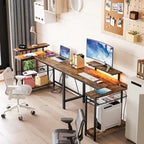 Black Carbon Fiber / Rustic Brown Reversible L-Shaped LED Desk with Power Outlets & Monitor Stand, 1–2 Person