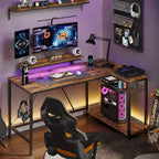 Black Carbon Fiber / Rustic Brown Reversible L-Shaped LED Desk with Power Outlets & Monitor Stand, 1–2 Person