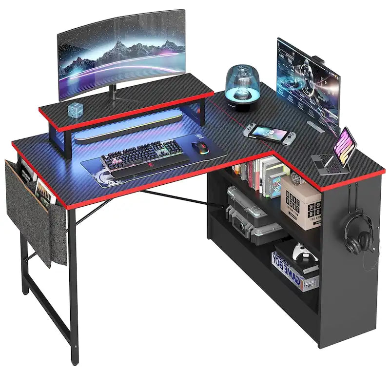 Black Carbon Fiber / Rustic Brown L-Shaped LED Gaming Desk with Monitor Stand & Shelves, 1-Person