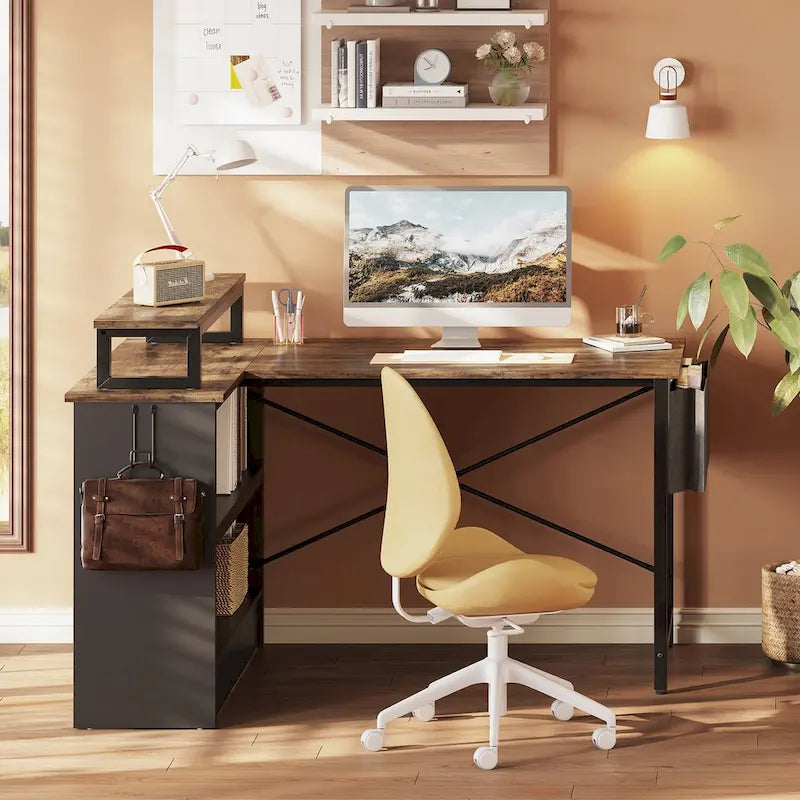 42  Gaming Desk Reversible L Shaped Desk with LED Monitor Stand Storage Shelves and Bag