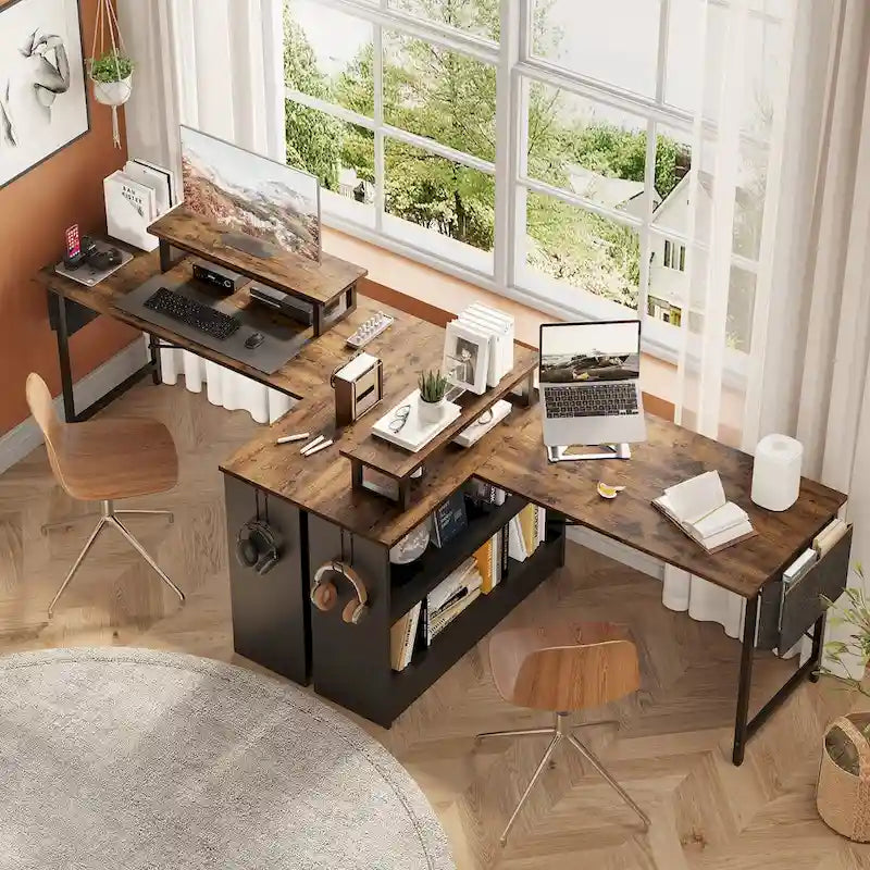 Black Carbon Fiber / Rustic Brown L-Shaped LED Gaming Desk with Monitor Stand & Shelves, 1-Person