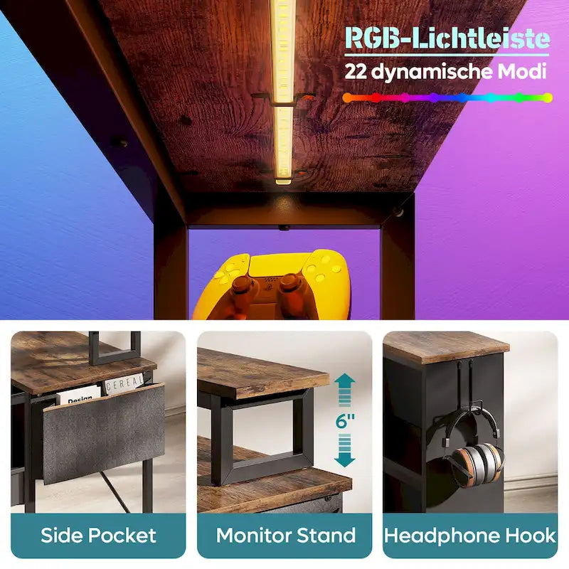 Black Carbon Fiber / Rustic Brown L-Shaped LED Gaming Desk with Monitor Stand & Shelves, 1-Person
