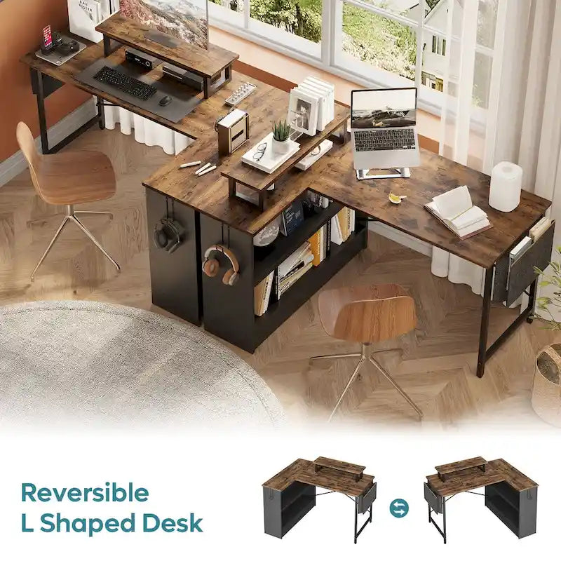 Black Carbon Fiber / Rustic Brown L-Shaped LED Gaming Desk with Monitor Stand & Shelves, 1-Person