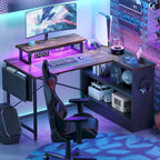 Black Carbon Fiber / Rustic Brown L-Shaped LED Gaming Desk with Monitor Stand & Shelves, 1-Person