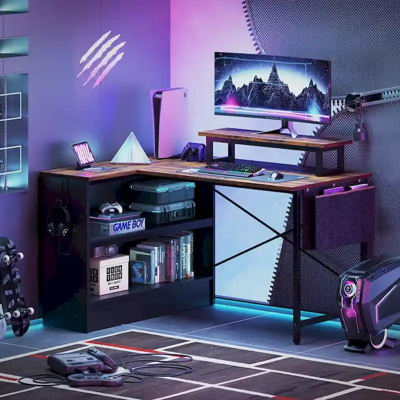 Black Carbon Fiber / Rustic Brown L-Shaped LED Gaming Desk with Monitor Stand & Shelves, 1-Person