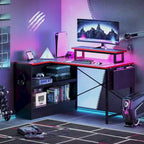 Black Carbon Fiber / Rustic Brown L-Shaped LED Gaming Desk with Monitor Stand & Shelves, 1-Person