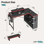 Black Carbon Fiber / Rustic Brown L-Shaped LED Gaming Desk with Monitor Stand & Shelves, 1-Person