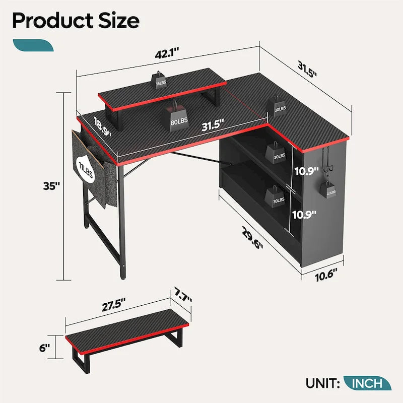 Black Carbon Fiber / Rustic Brown L-Shaped LED Gaming Desk with Monitor Stand & Shelves, 1-Person
