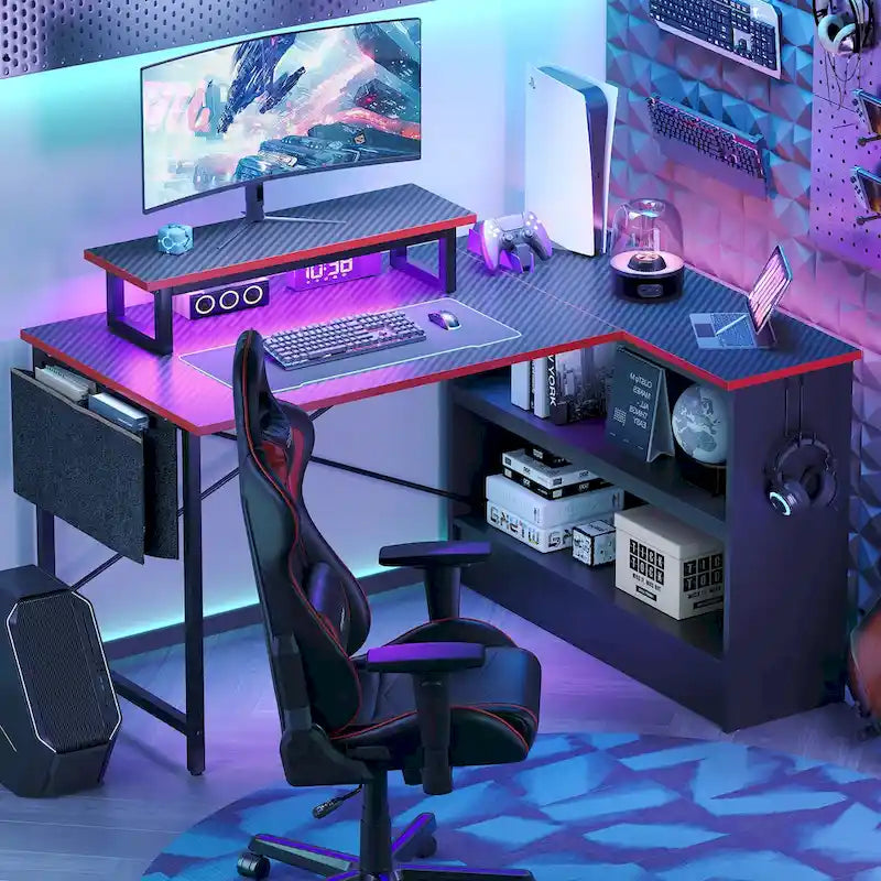 Black Carbon Fiber / Rustic Brown L-Shaped LED Gaming Desk with Monitor Stand & Shelves, 1-Person