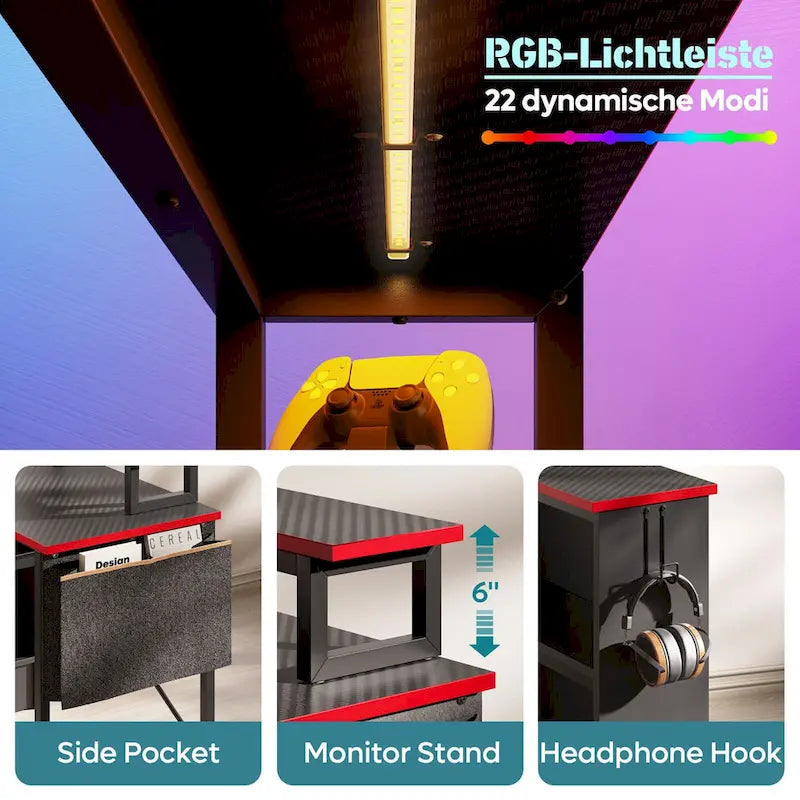 Black Carbon Fiber / Rustic Brown L-Shaped LED Gaming Desk with Monitor Stand & Shelves, 1-Person