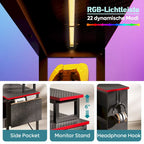 Black Carbon Fiber / Rustic Brown L-Shaped LED Gaming Desk with Monitor Stand & Shelves, 1-Person