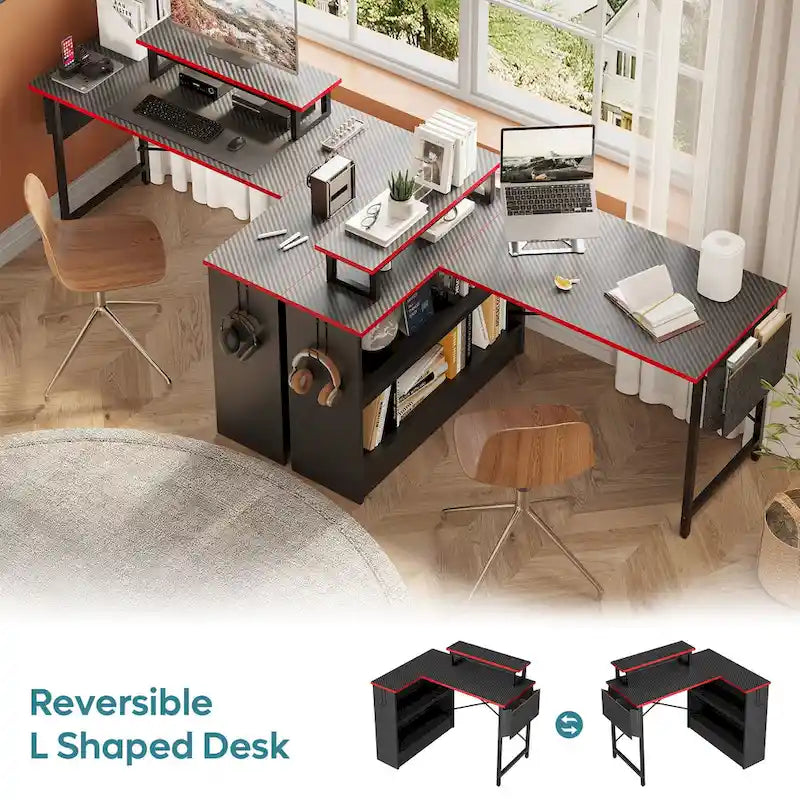 Black Carbon Fiber / Rustic Brown L-Shaped LED Gaming Desk with Monitor Stand & Shelves, 1-Person