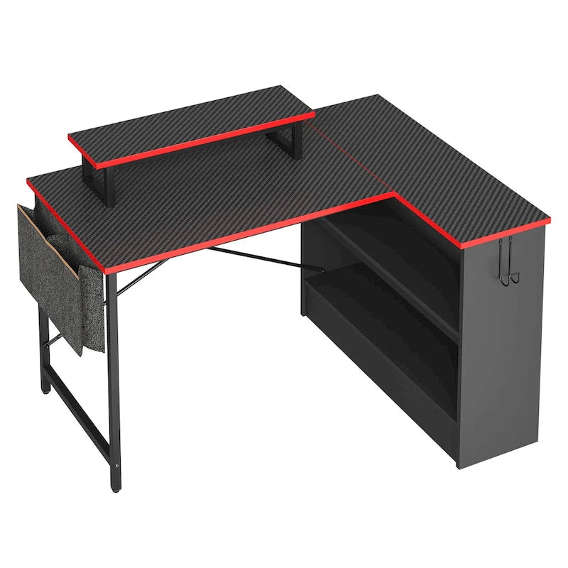 Black Carbon Fiber / Rustic Brown L-Shaped LED Gaming Desk with Monitor Stand & Shelves, 1-Person