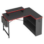 Black Carbon Fiber / Rustic Brown L-Shaped LED Gaming Desk with Monitor Stand & Shelves, 1-Person