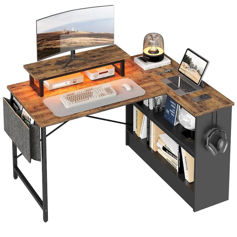 Black Carbon Fiber / Rustic Brown L-Shaped LED Gaming Desk with Monitor Stand & Shelves, 1-Person