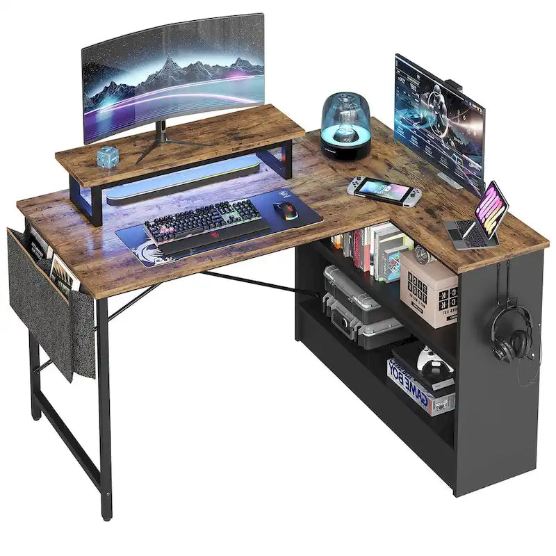 Black Carbon Fiber / Rustic Brown L-Shaped LED Gaming Desk with Monitor Stand & Shelves, 1-Person