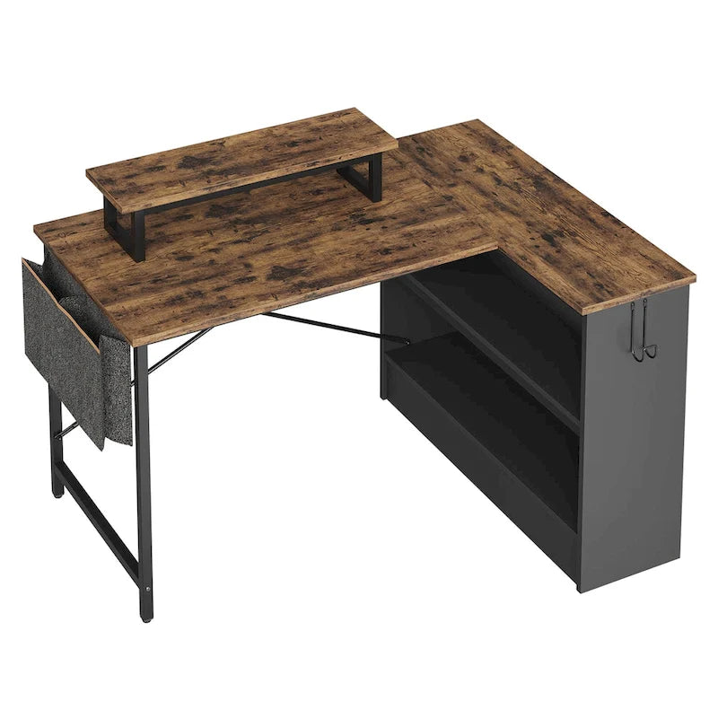 Black Carbon Fiber / Rustic Brown L-Shaped LED Gaming Desk with Monitor Stand & Shelves, 1-Person