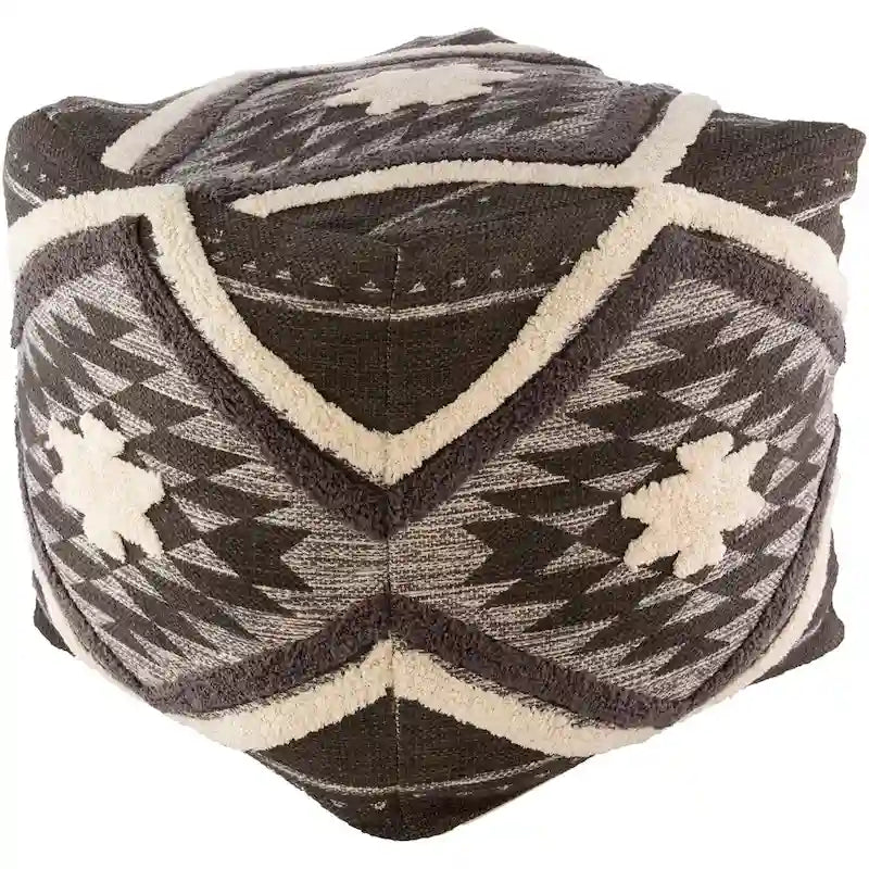 Charcoal / Burnt Orange / Denim Boho Ikat Shag Cube Pouf, 1-Person