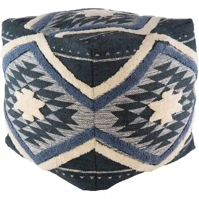 Charcoal / Burnt Orange / Denim Boho Ikat Shag Cube Pouf, 1-Person