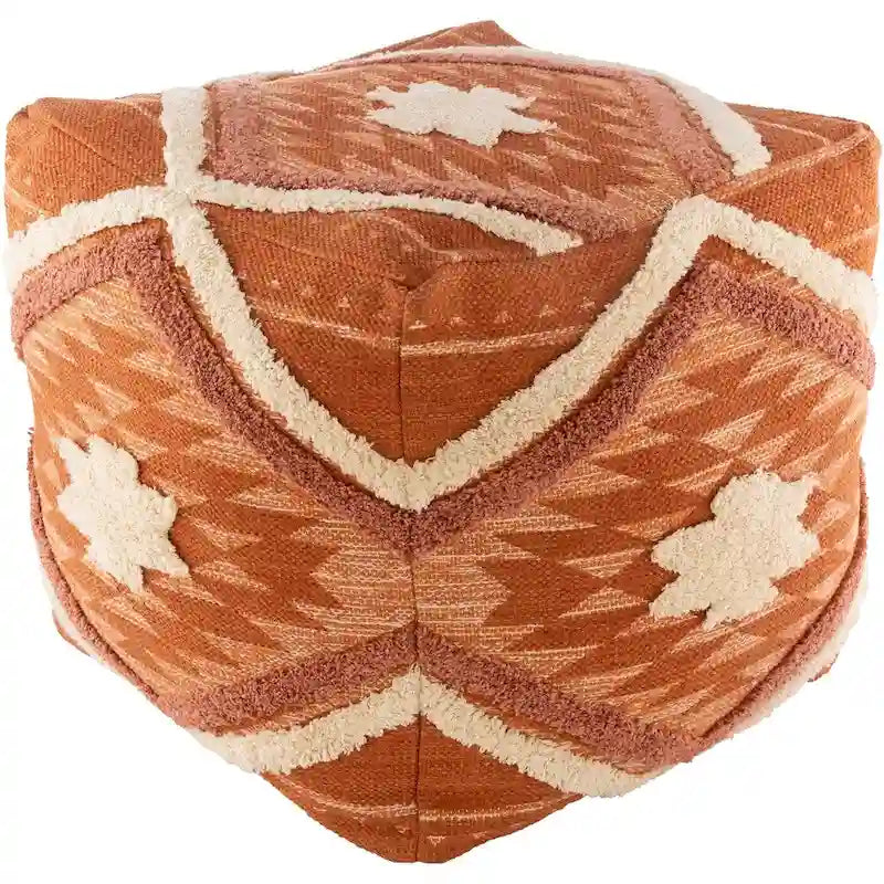 Charcoal / Burnt Orange / Denim Boho Ikat Shag Cube Pouf, 1-Person