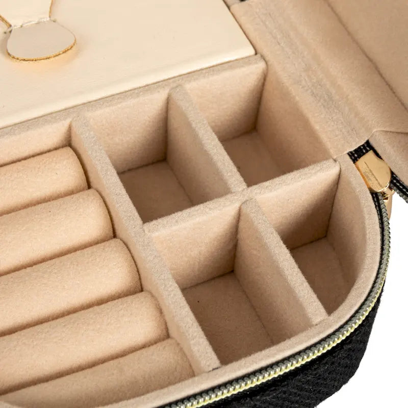 Black Fabric Travel Jewelry Organizer Box, Single User — 5"L × 3.75"W × 2"H